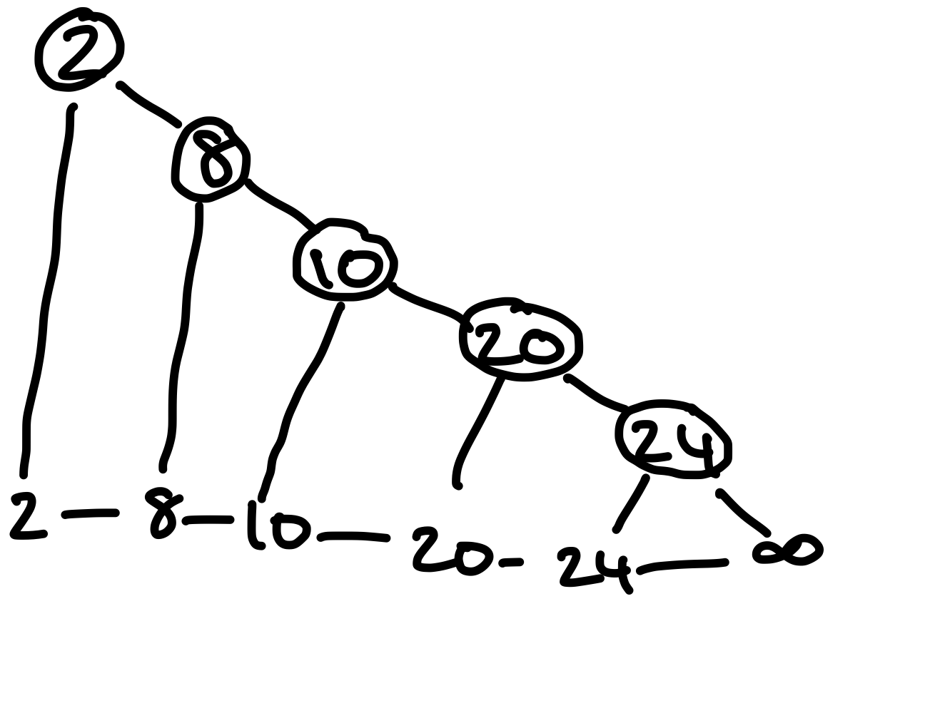 Figure 1: Ein degenerierter, binärer Suchbaum. Er hat lineare Tiefe. Dieser entsteht durch sukzessives einfügen der Elemente 2, 8, 10, 20, 24.